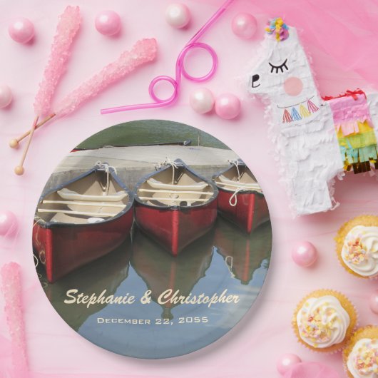 Red Canoes Wedelname and Date Paper Plate Pappteller (Party)
