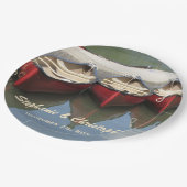 Red Canoes Wedelname and Date Paper Plate Pappteller (Schrägansicht)