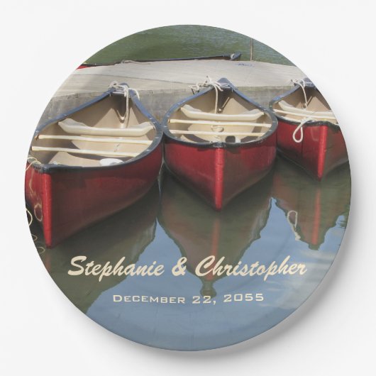 Red Canoes Wedelname and Date Paper Plate Pappteller (Vorderseite)
