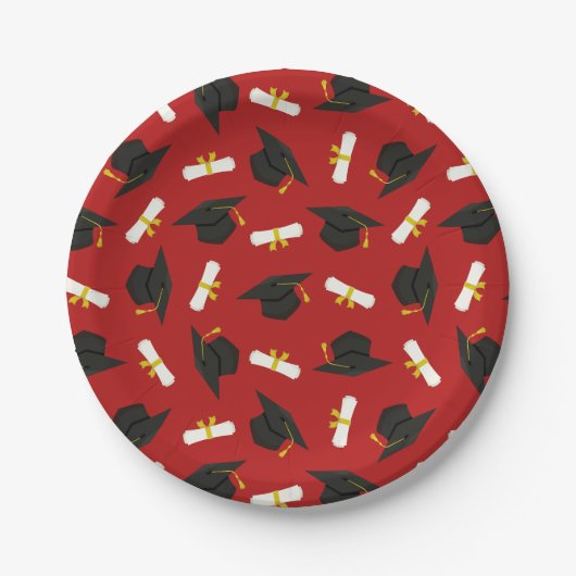 Red Caps Diplomas Pattern Graduation Party Pappteller (Vorderseite)