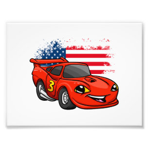 Red Car American Flag Cartoon - Rücken Farbe Fotodruck