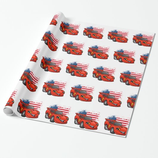 Red Car American Flag Cartoon - Rücken Farbe Geschenkpapier (Ungerollt)