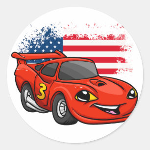Red Car American Flag Cartoon - Wählen Sie eine an Runder Aufkleber