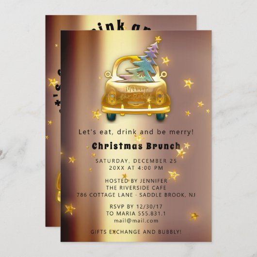 Red Car Christmas Brunch Dinner Tree Gold Stars Einladung (Vorne/Hinten)