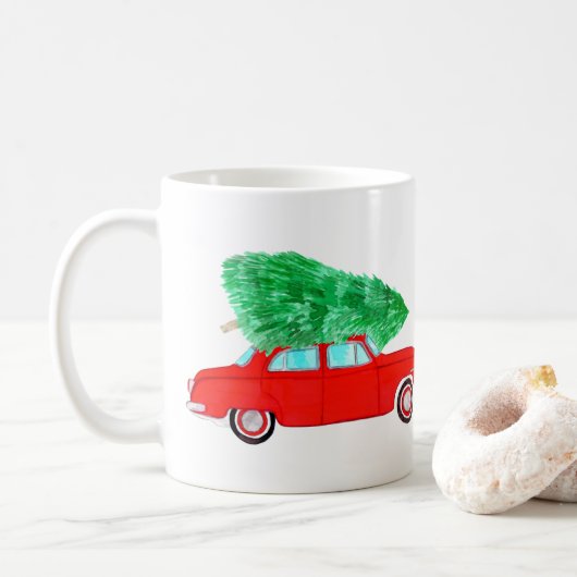 Red Car mit Weihnachtsbaum Aquarell Kaffeetasse (Mit Donut)