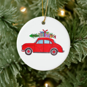 Red Car mit Weihnachtsbaum Aquarell Keramik Ornament