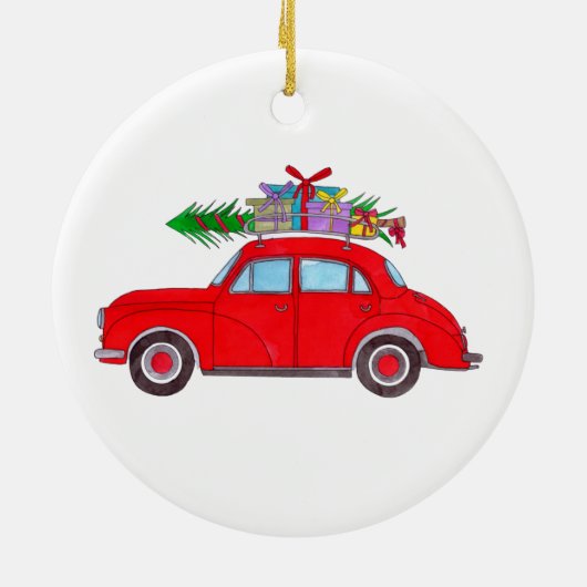 Red Car mit Weihnachtsbaum Aquarell Keramik Ornament (Hinten)