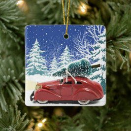 Red Car mit Weihnachtsbaum auf Dach Keramikornament