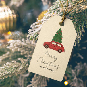 Red Car mit Weihnachtsbaum Minimalistisch Vintag Geschenkanhänger