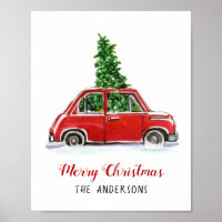Red Car mit Weihnachtsbaumplakat