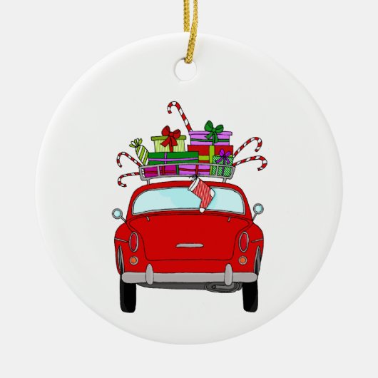 Red Car mit Weihnachtsgeschenken Keramik Ornament (Vorne)