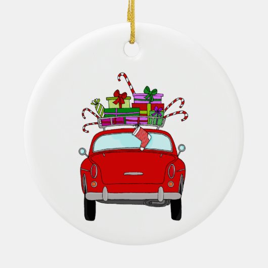 Red Car mit Weihnachtsgeschenken Keramik Ornament (Hinten)