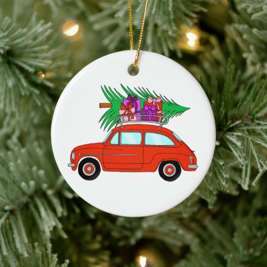 Red Car mit Weihnachtsgeschenken Keramik Ornament (Baum)
