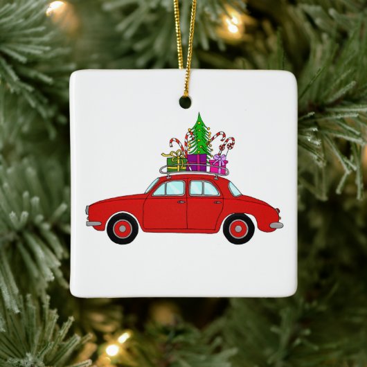 Red Car mit Weihnachtsgeschenken Keramikornament (Baum)