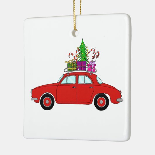 Red Car mit Weihnachtsgeschenken Keramikornament (Links)