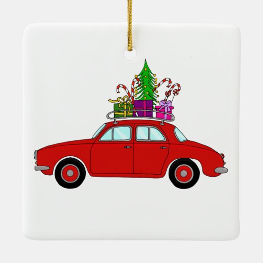 Red Car mit Weihnachtsgeschenken Keramikornament (Rückseite)