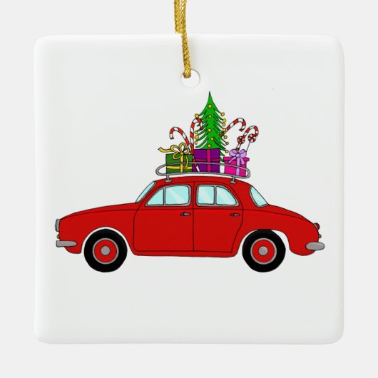 Red Car mit Weihnachtsgeschenken Keramikornament (Vorderseite)