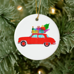 Red Car mit Weihnachtsgeschenken Wasserfarbe Keramik Ornament