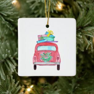 Red Car mit Weihnachtsgeschenken Wasserfarbe Keramikornament