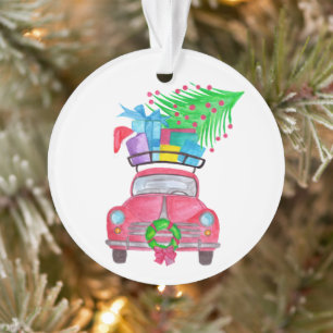 Red Car mit Weihnachtsgeschenken Wasserfarbe Ornament