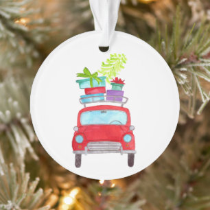 Red Car mit Weihnachtsgeschenken Wasserfarbe Ornament