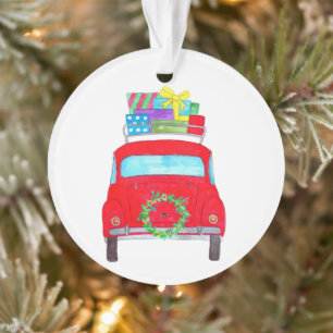Red Car mit Weihnachtsgeschenken Wasserfarbe Ornament