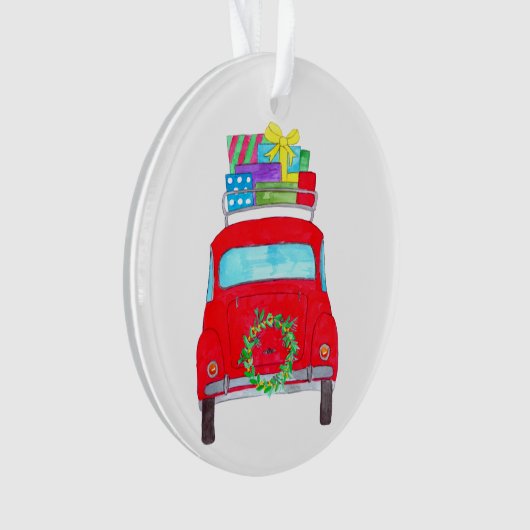 Red Car mit Weihnachtsgeschenken Wasserfarbe Ornament (Vorderseite)