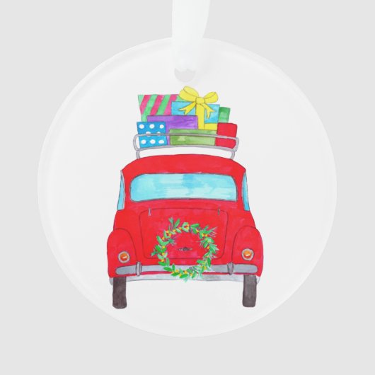 Red Car mit Weihnachtsgeschenken Wasserfarbe Ornament (Vorderseite)