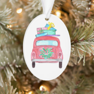 Red Car mit Weihnachtsgeschenken Wasserfarbe Ornament