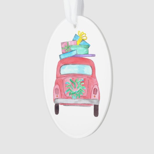 Red Car mit Weihnachtsgeschenken Wasserfarbe Ornament (Vorderseite)