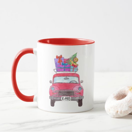 Red Car mit Weihnachtsgeschenken Wasserfarbe Tasse (Mit Donut)