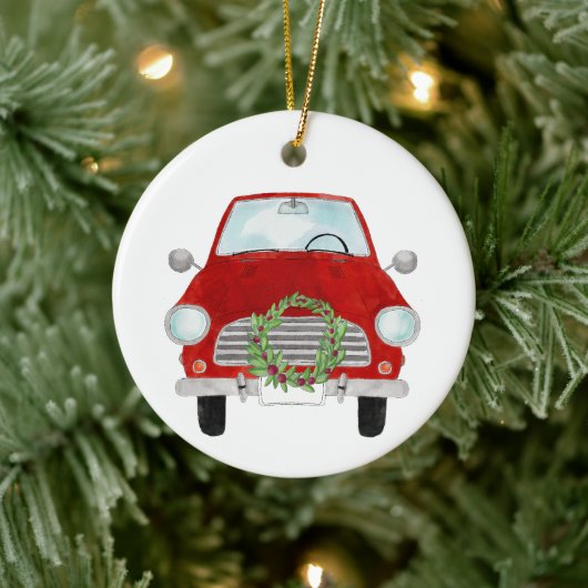 Red Car mit Weihnachtskranz Keramik Ornament (Baum)