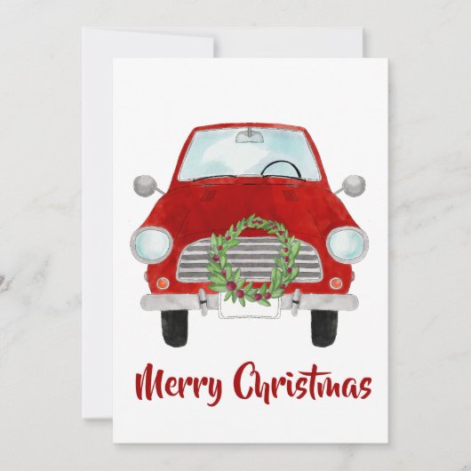 Red Car mit Weihnachtskranz Weihnachtskarte Feiertagskarte (Vorderseite)