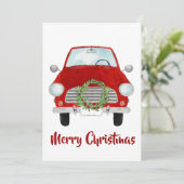 Red Car mit Weihnachtskranz Weihnachtskarte Feiertagskarte (Stehend Vorderseite)