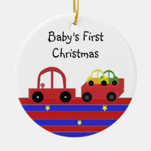 Red Car und Wagon Baby's First Christmas Keramik Ornament