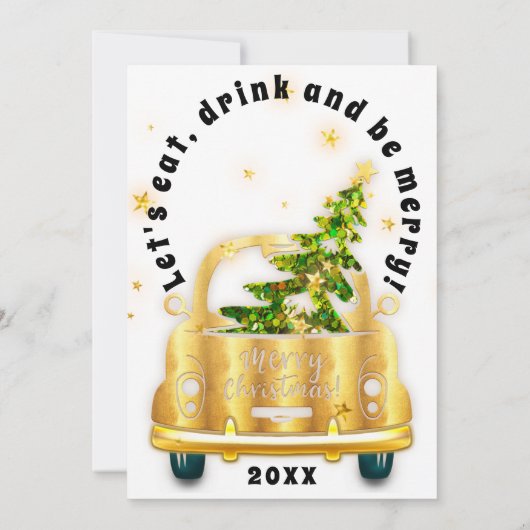 Red Car Weihnachts Brunch Dinner Tree Gold Weiß Einladung (Rückseite)