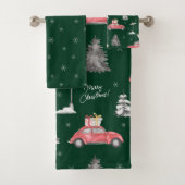 Red Car Winter Pattern Frohe Weihnachten Grün Badhandtuch Set (Insitu)