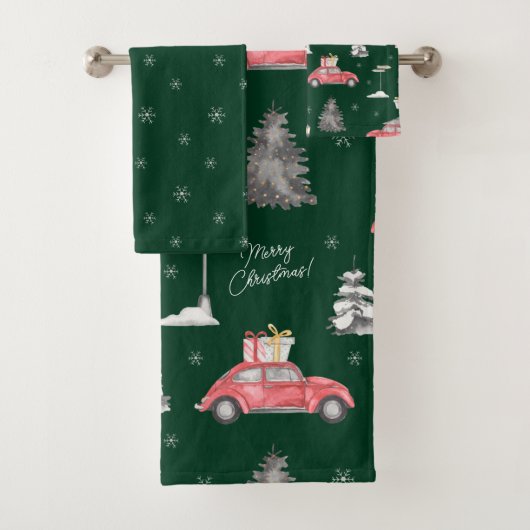 Red Car Winter Pattern Frohe Weihnachten Grün Badhandtuch Set (Insitu)