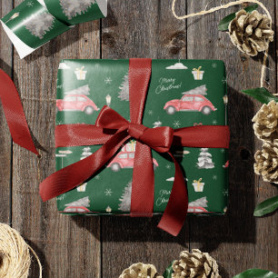 Red Car Winter Pattern Frohe Weihnachten Grün Geschenkpapier