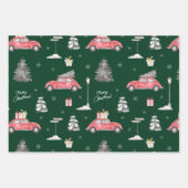 Red Car Winter Pattern Frohe Weihnachten Grün Geschenkpapier Set (Vorderseite 3)