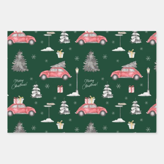 Red Car Winter Pattern Frohe Weihnachten Grün Geschenkpapier Set (Vorderseite 3)