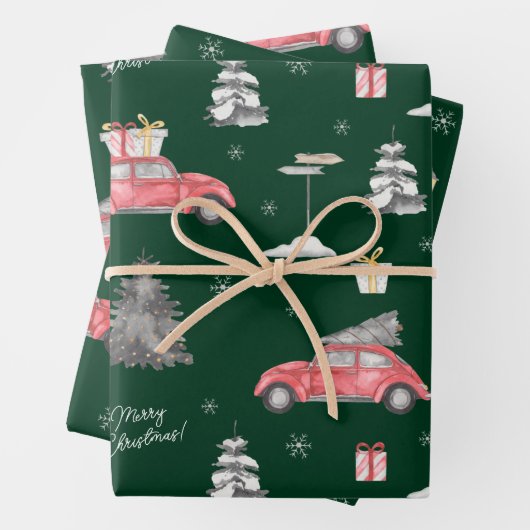 Red Car Winter Pattern Frohe Weihnachten Grün Geschenkpapier Set (Beispiel)