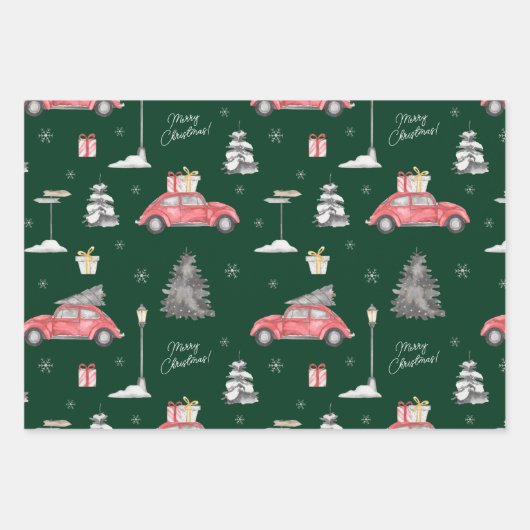 Red Car Winter Pattern Frohe Weihnachten Grün Geschenkpapier Set (Vorderseite)