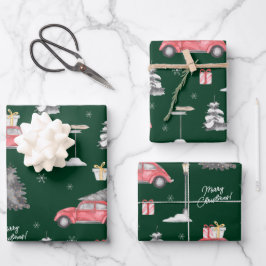 Red Car Winter Pattern Frohe Weihnachten Grün Geschenkpapier Set