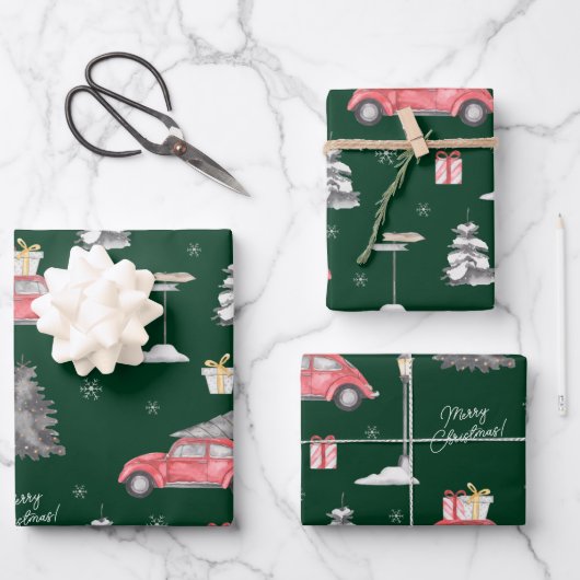 Red Car Winter Pattern Frohe Weihnachten Grün Geschenkpapier Set (Vorderseite)