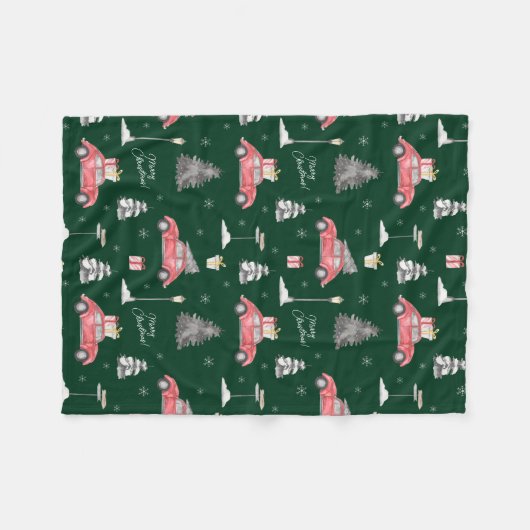 Red Car Winter Pattern Frohe Weihnachten Grün Klei Fleecedecke (Vorderseite (Horizontal))