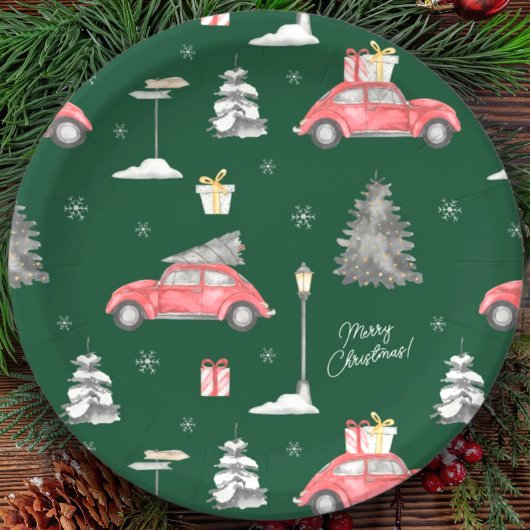 Red Car Winter Pattern Frohe Weihnachten Grün Pappteller