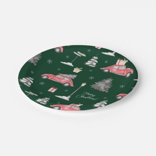 Red Car Winter Pattern Frohe Weihnachten Grün Pappteller (Schrägansicht)