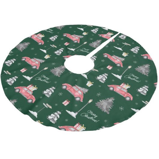 Red Car Winter Pattern Frohe Weihnachten Grün Polyester Weihnachtsbaumdecke (Schrägansicht)