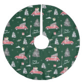 Red Car Winter Pattern Frohe Weihnachten Grün Polyester Weihnachtsbaumdecke (Vorderseite)